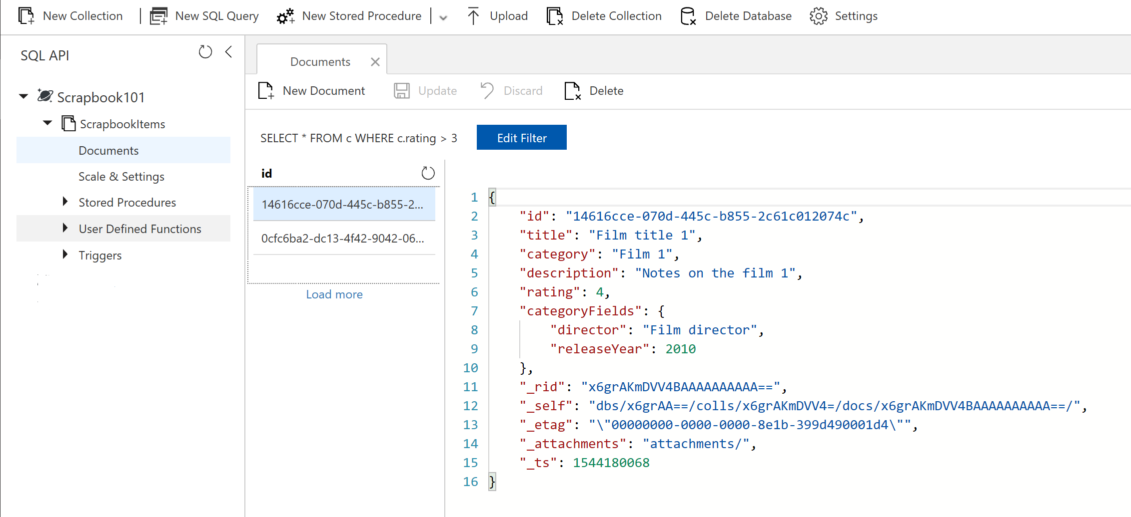 A query in the Cosmos local emulator