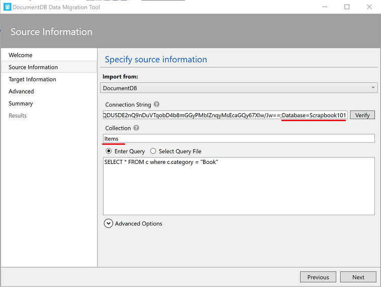 Document DB Data Migration Tool Connection