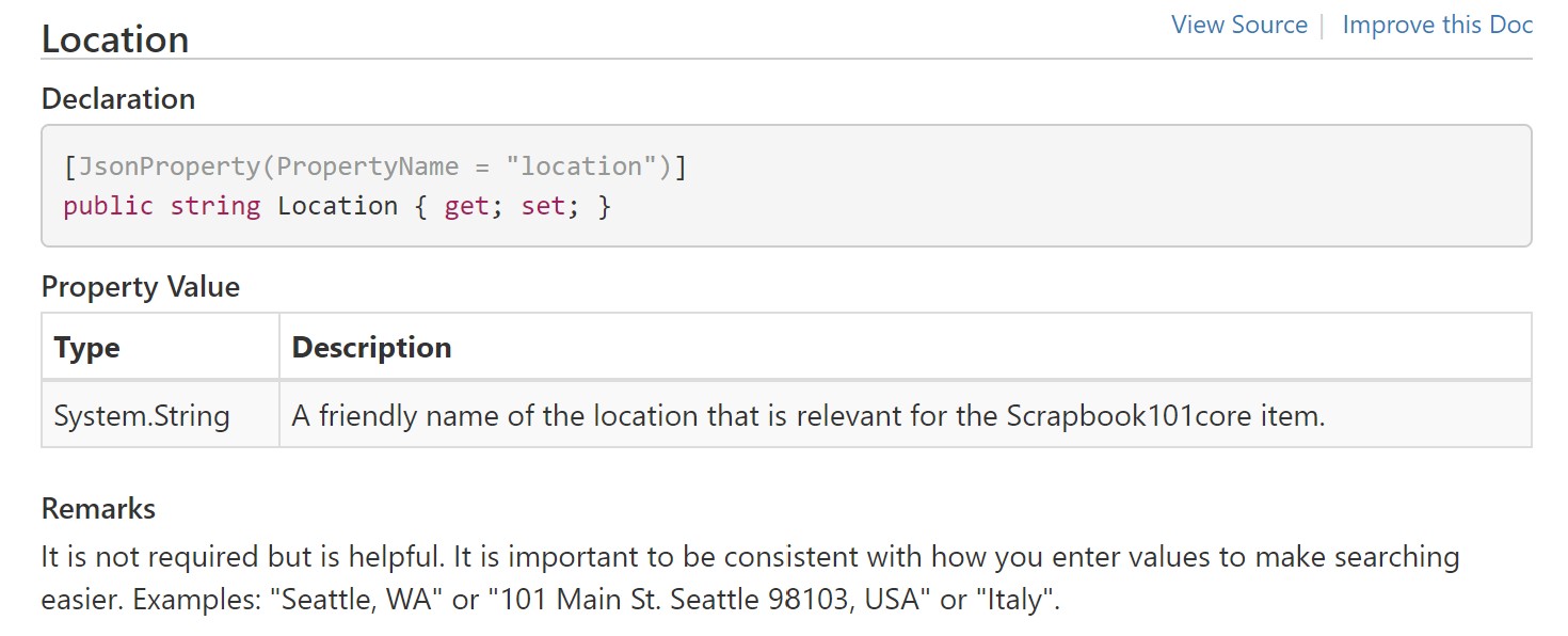 Item Location property API documentation