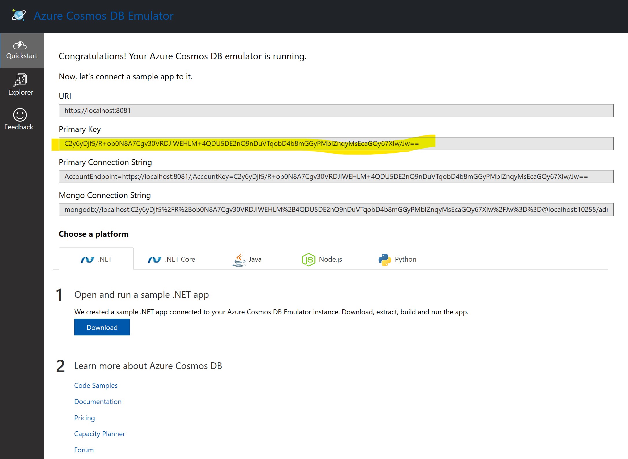 Getting samples in Cosmos DB Local Emulator